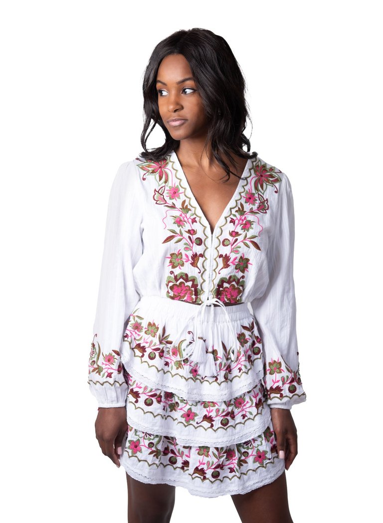 Floral Embroidered Crop Blouse - White - White