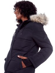 AULAVIK | WOMEN'S VEGAN DOWN (RECYCLED) MID-LENGTH HOODED PARKA COAT, BLACK