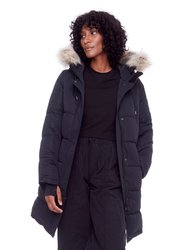 AULAVIK | WOMEN'S VEGAN DOWN (RECYCLED) MID-LENGTH HOODED PARKA COAT, BLACK - BLACK