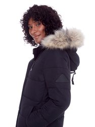 AULAVIK | WOMEN'S VEGAN DOWN (RECYCLED) MID-LENGTH HOODED PARKA COAT, BLACK