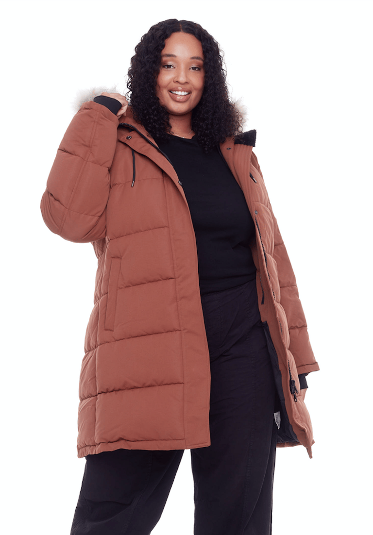 Aulavik Plus | Women's Vegan Down (Recycled) Mid-Length Hooded Parka Coat, Maple (Plus Size) - Maple