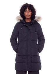 AULAVIK | WOMEN'S VEGAN DOWN (RECYCLED) MID-LENGTH HOODED PARKA COAT, BLACK