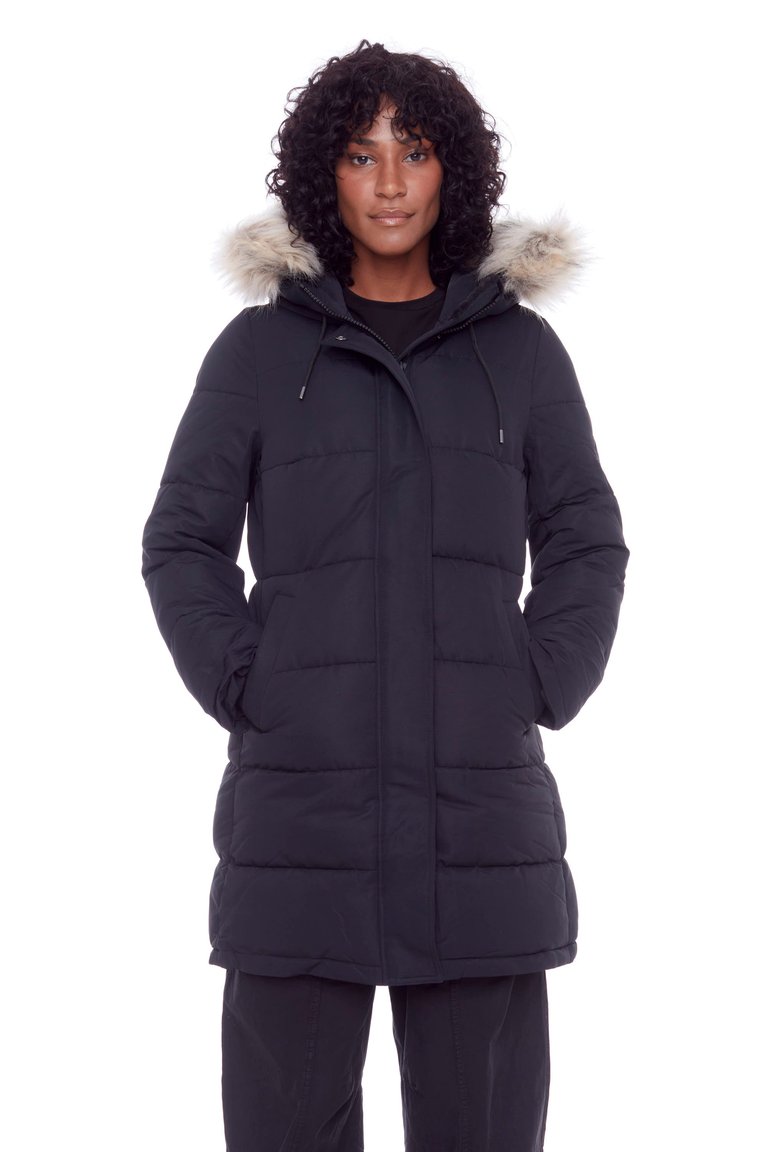 AULAVIK | WOMEN'S VEGAN DOWN (RECYCLED) MID-LENGTH HOODED PARKA COAT, BLACK