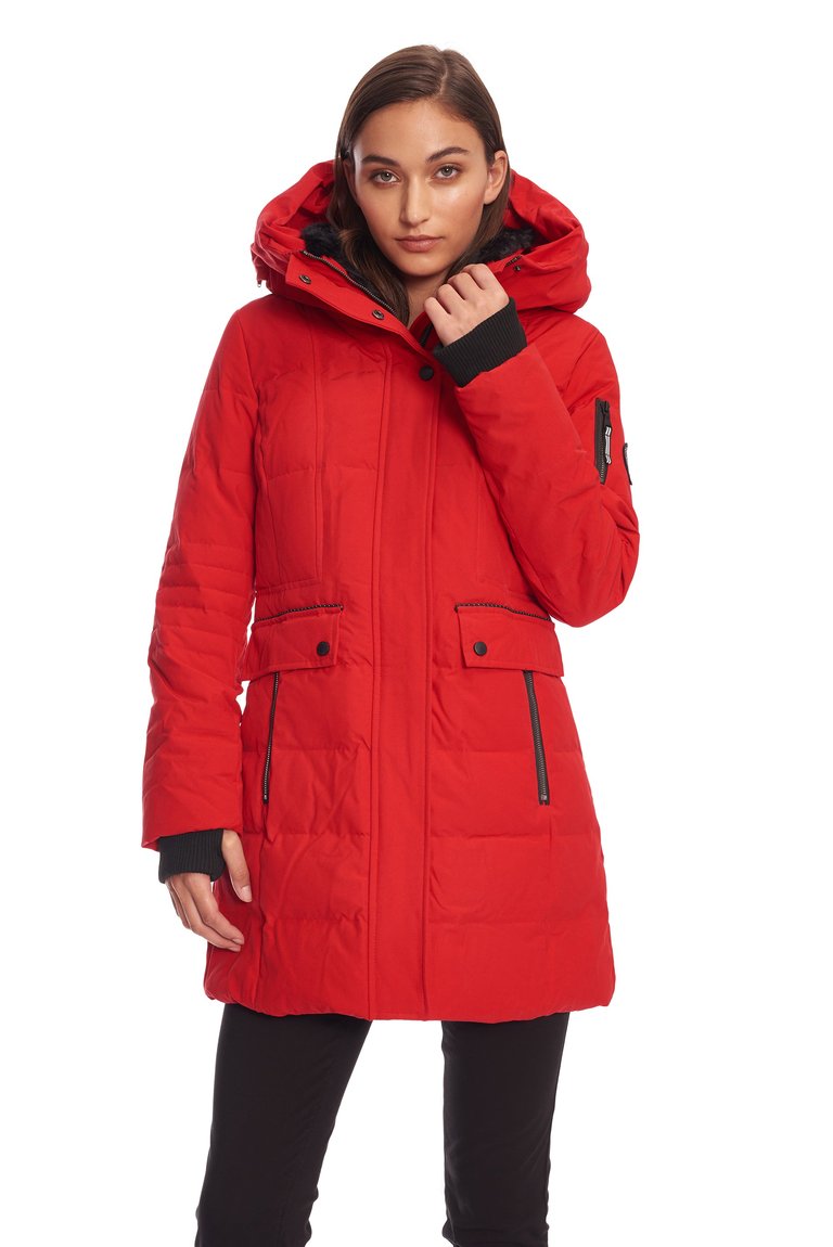 Women's Vegan Down Recycled Mid-Length Parka, Crimson - Crimson