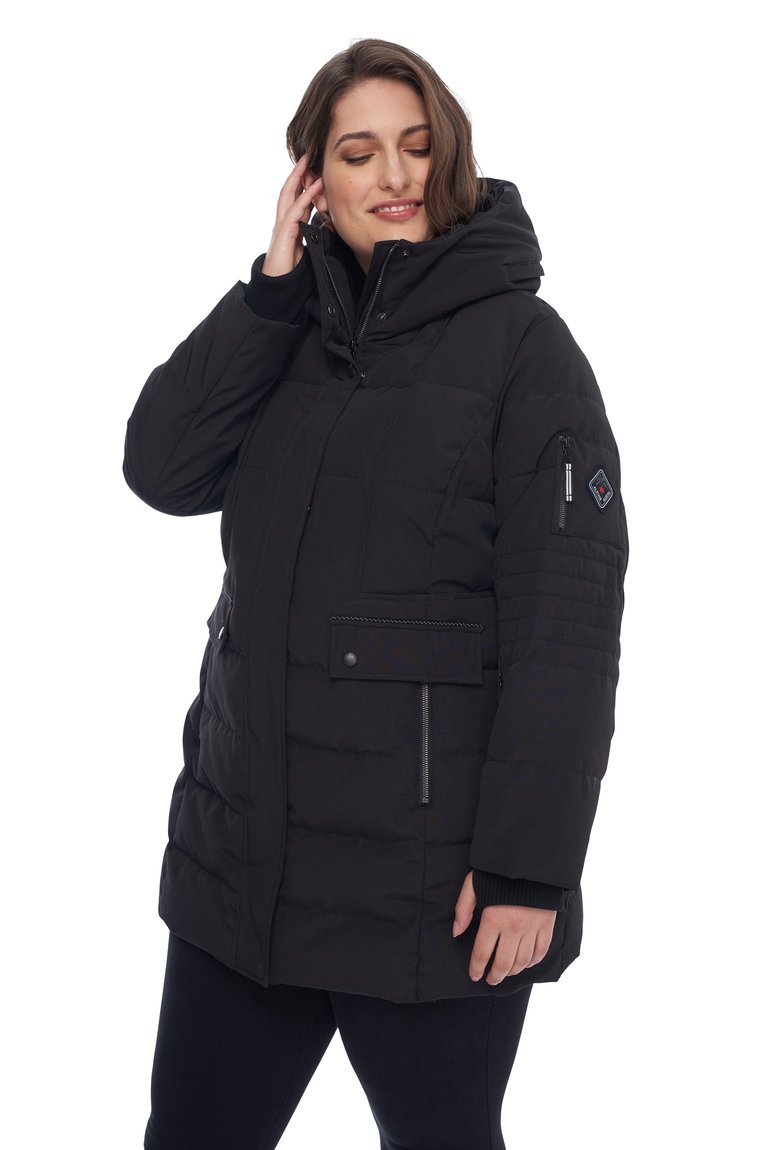 Women's Vegan Down Recycled Mid-Length Parka, Plus Size - Black