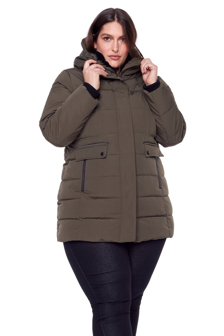 Women's Vegan Down Recycled Mid-Length Parka, Plus Size - Olive - Olive