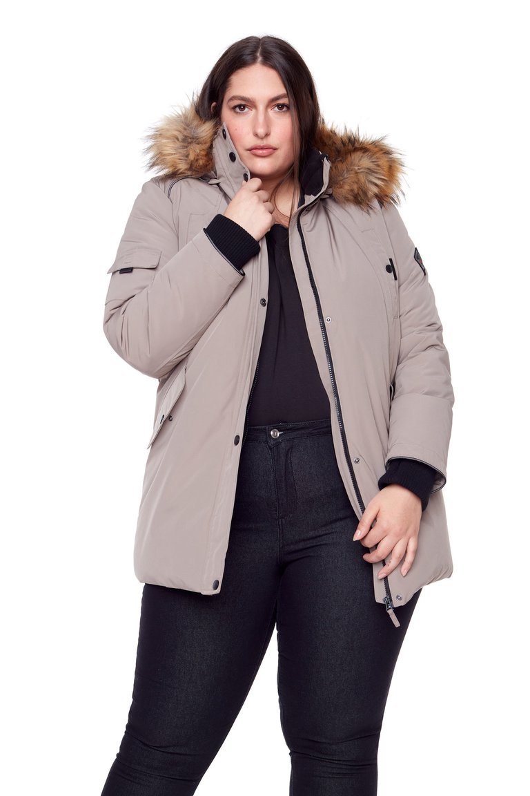 Women's Vegan Down Recycled Parka, Taupe - Plus Size - Taupe