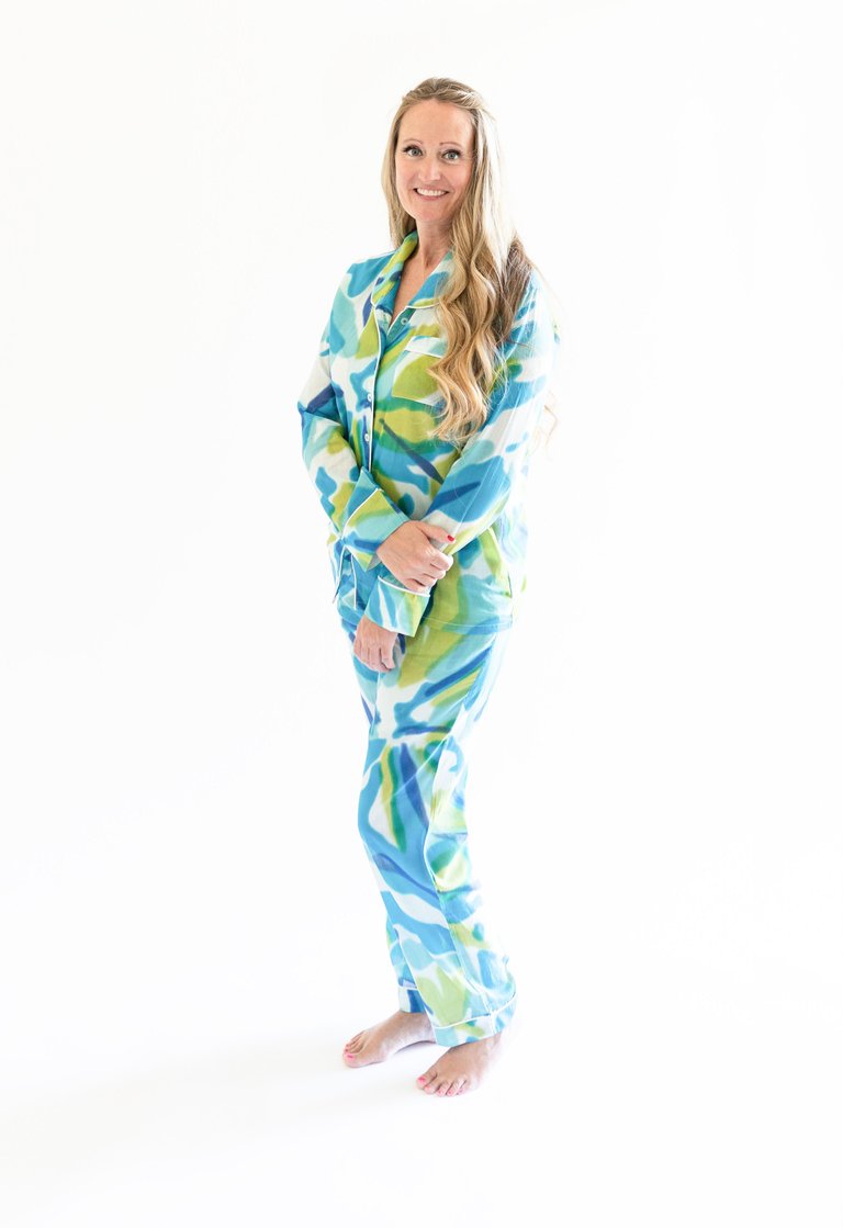 Myra Blue Tie-Dye Print Women's Nightwear Long Sleeve Shirt and Pajama Set