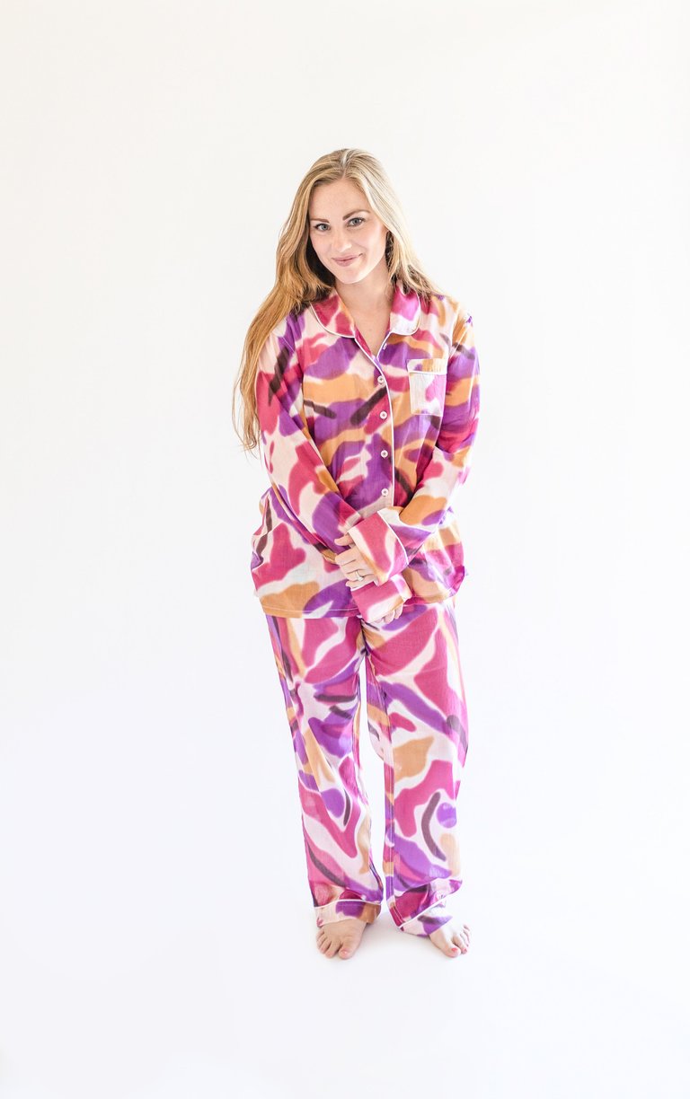 Myra Peri Tie-Dye Print Women's Nightwear Long Sleeve Shirt and Pajama Set - Peri Tie-Dye