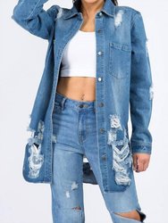 Candace Ultra-Distressed Long Denim Shirt Jacket - Blue