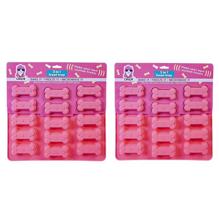 Dog Bone 3 In 1 Silicone Baking Treat Tray - 2 Pack - Pink