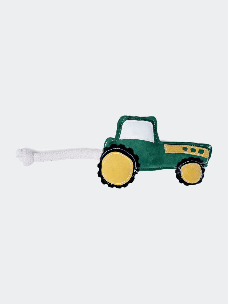 Vegan Leather Green Tractor Eco Friendly Dog Toy - Green/Yellow