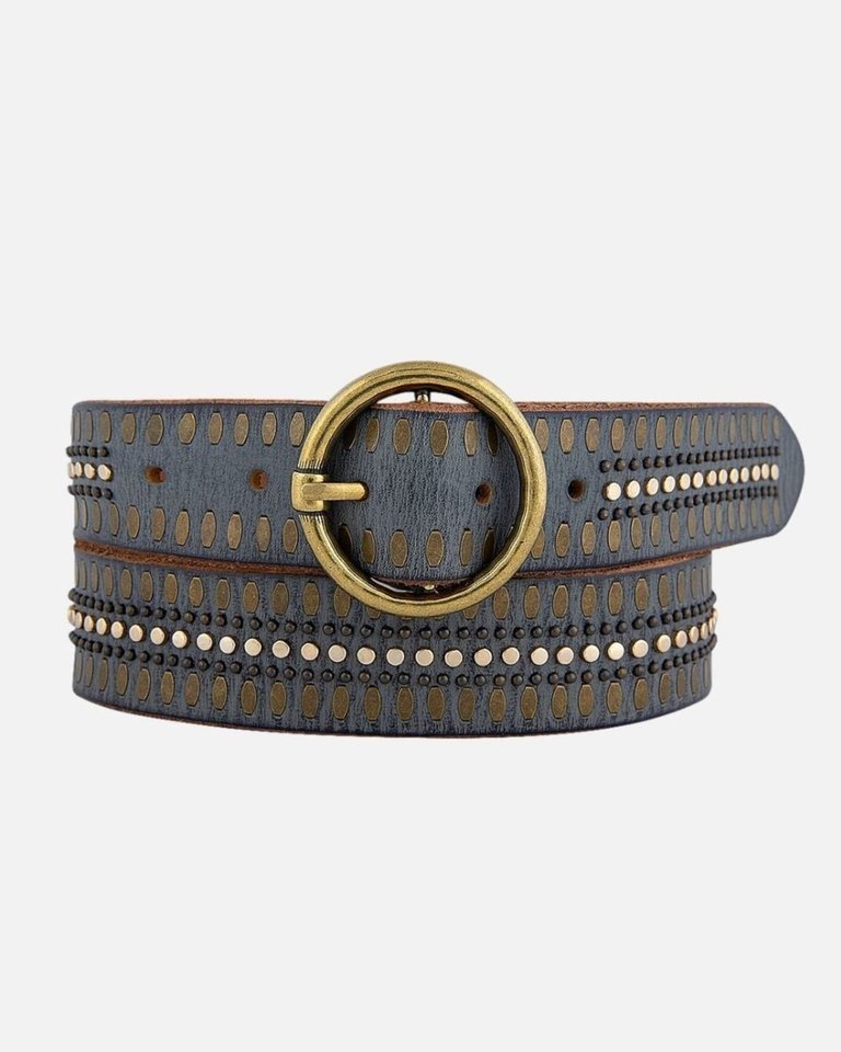 35056 Soraya, Studded Leather Belt With Gold Round Buckle - Grey