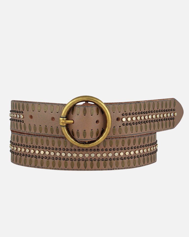 35056 Soraya, Studded Leather Belt With Gold Round Buckle - Taupe