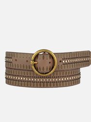 35056 Soraya, Studded Leather Belt With Gold Round Buckle - Taupe