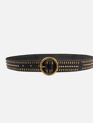 35056 Soraya, Studded Leather Belt With Gold Round Buckle