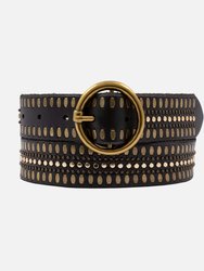 35056 Soraya, Studded Leather Belt With Gold Round Buckle - Black