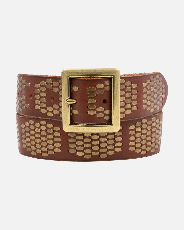 Gaia | Bold Studded Belt With Square Buckle - Cognac
