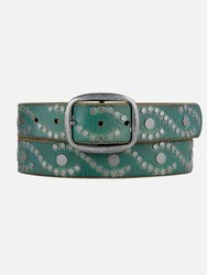 Irena | Studded Leather Belt | Antique Silver Studs - Teal