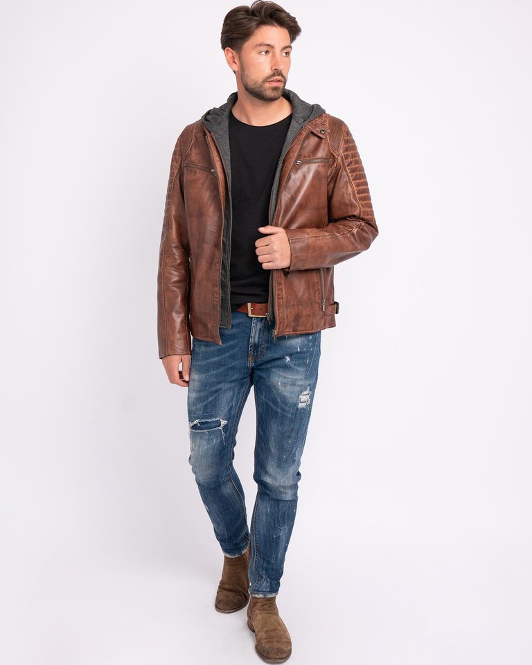 Jasper | Men's Leather Motorcycle Hoodie Jacket - Cognac