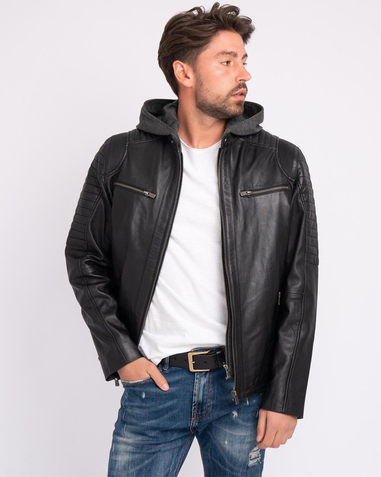 Jasper | Men's Leather Motorcycle Hoodie Jacket - Black