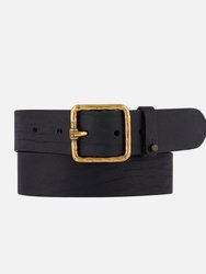 Kaya | Vintage Gold Square Buckle Leather Belt - Black
