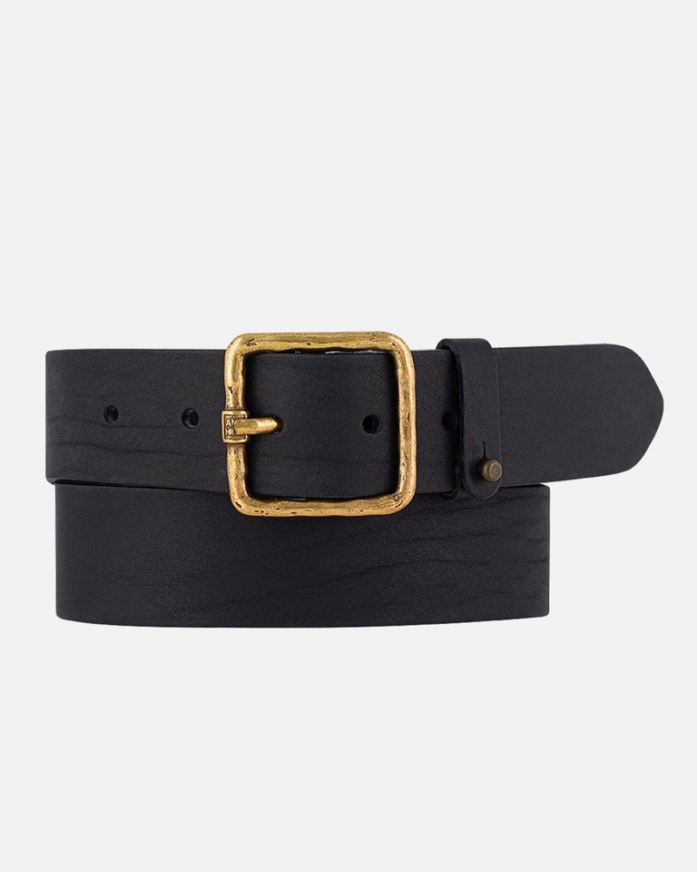 Kaya | Vintage Gold Square Buckle Leather Belt - Black
