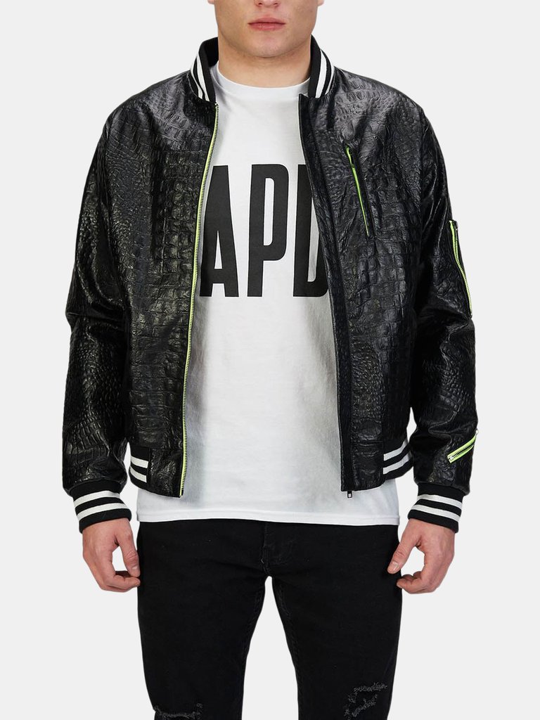 Black Leather Bomber Jacket - Black