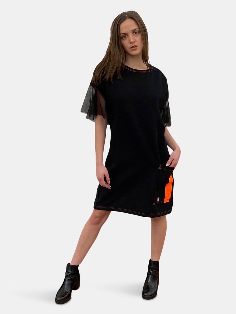 Black Sweatshirt Dress with Flounce Sleeve