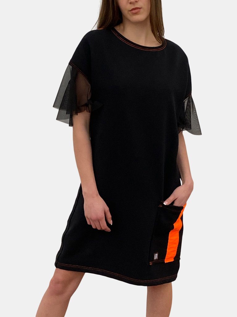 Black Sweatshirt Dress with Flounce Sleeve - Black