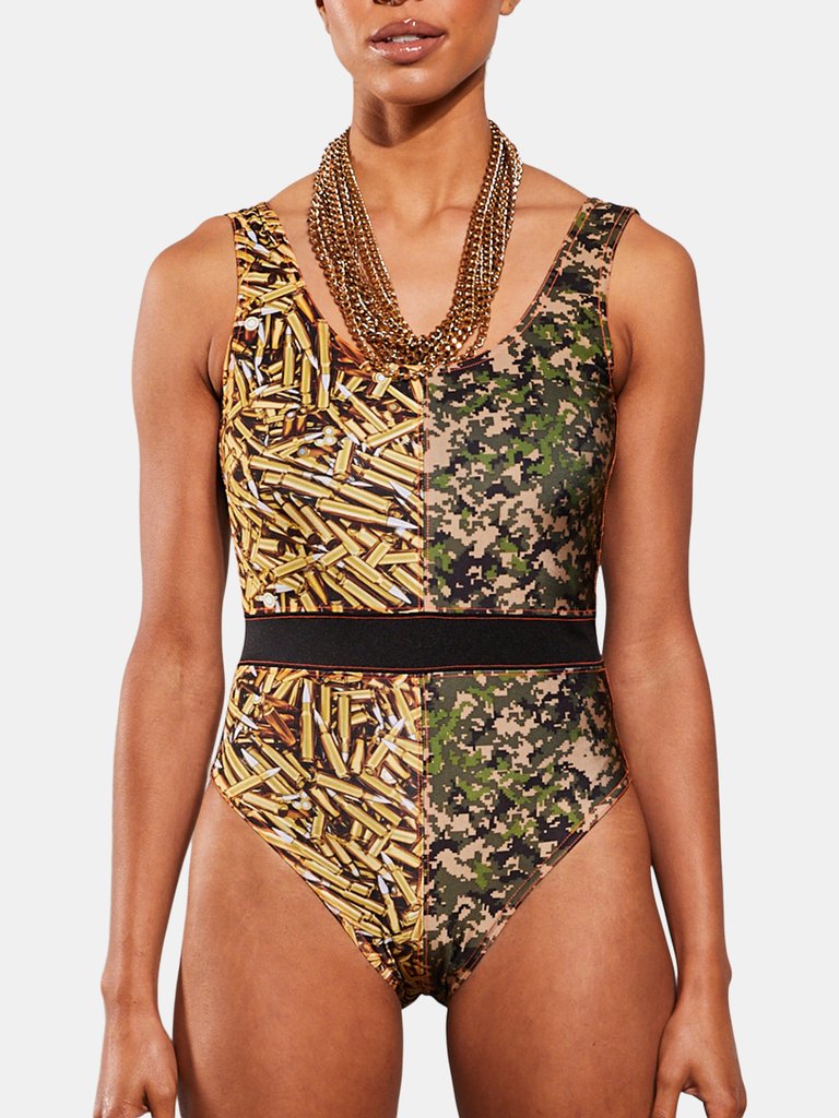 Digi Camo and Bullet Color Block Swimsuit - Neon Orange