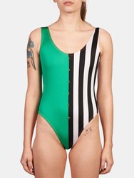 Green and Striped Studded Swimsuit - Green/Black/White