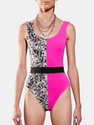 Money Print and Hot Pink Color Block Swimsuit - Amy Page DeBlasio