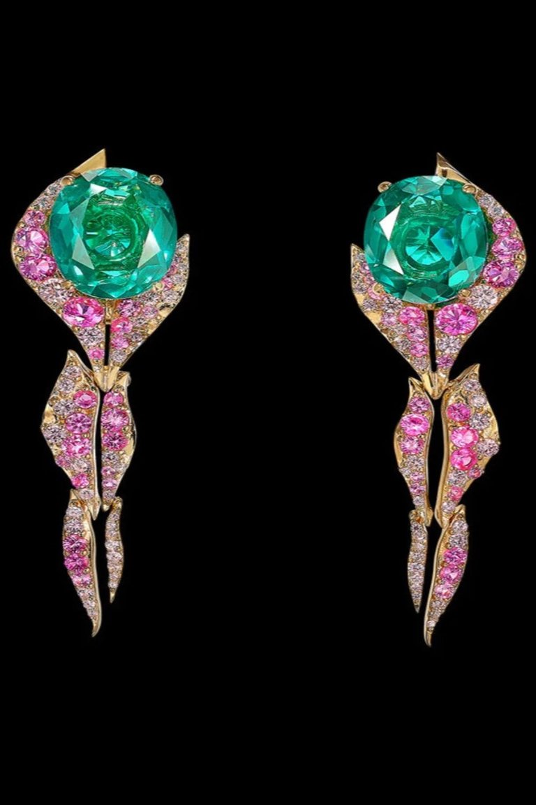 Paraiba Fin Earrings - YG-Green-Rose