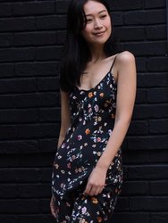 V Silk Slip Dress Length Floral Dress - Black