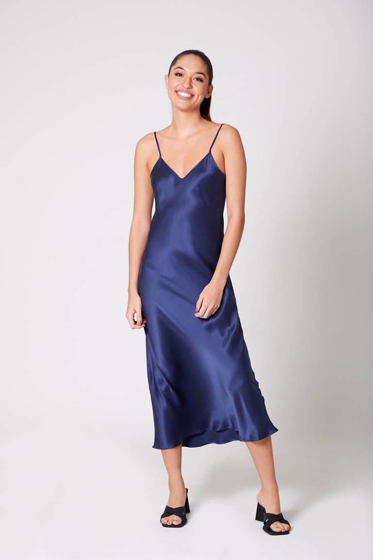 V Silk Slip Dress Twilight - Navy Blue