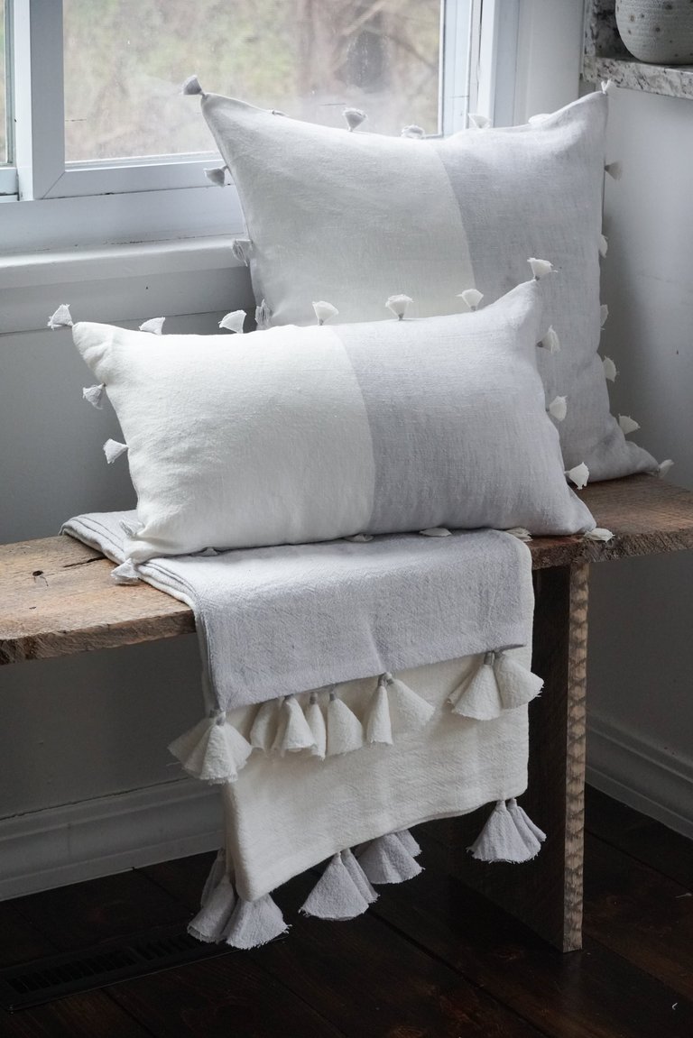 Grey Tassels So Soft Linen Pillow - Light Grey & White