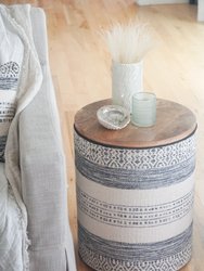 Handwoven Indigo Striped Storage Side Table - White