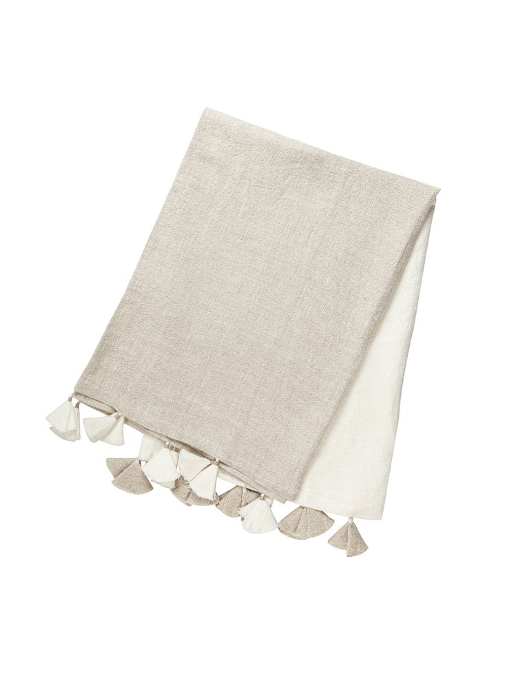 Natural Beige Colorblocked Linen Blanket With Tassels - Natural Beige