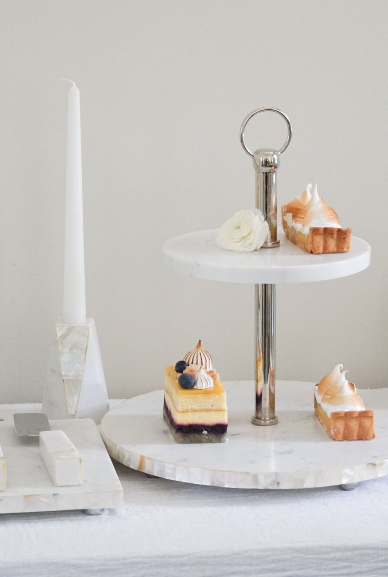 White Marble 2 Tier Cake Stand With Mother Of Pearl Inlay