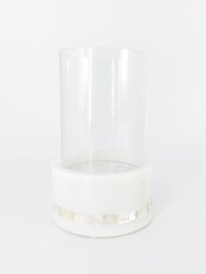 White Marble Hurricane Candle Holder With Mother Of Pearl Stripe