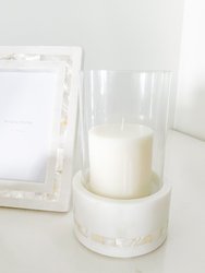 White Marble Hurricane Candle Holder With Mother Of Pearl Stripe