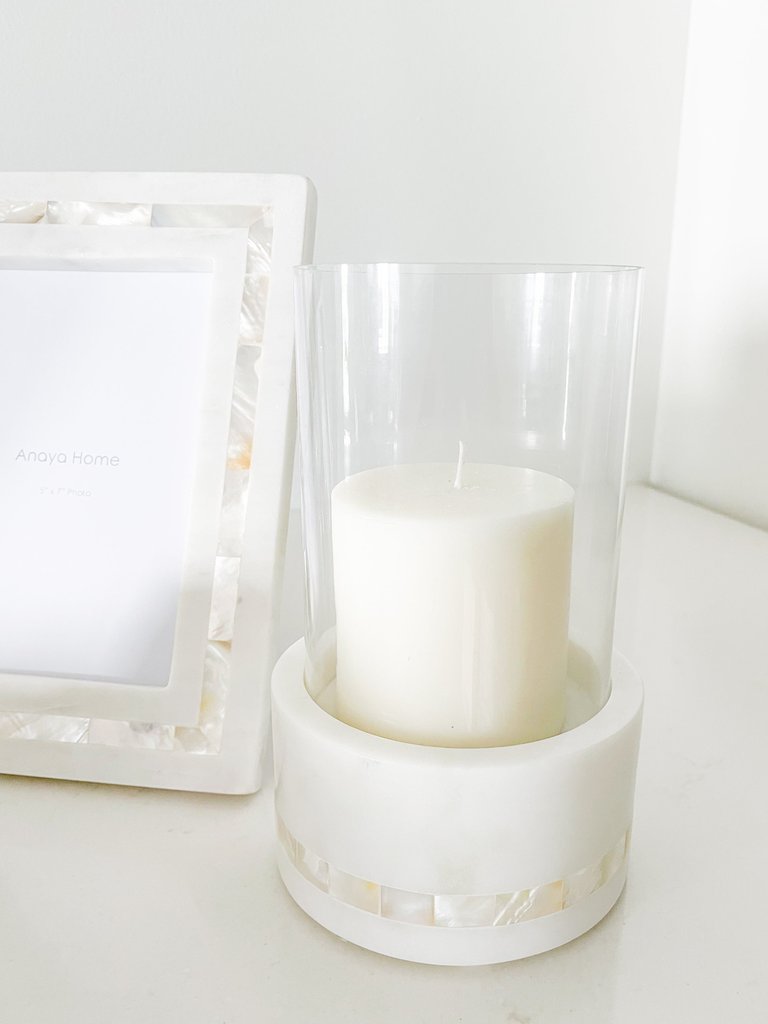 White Marble Hurricane Candle Holder With Mother Of Pearl Stripe