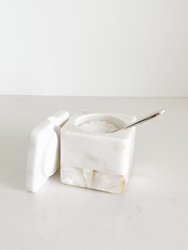 White Marble Salt Cellar With Spoon And Mother Of Pearl Inlay