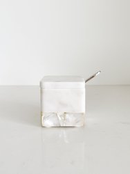 White Marble Salt Cellar With Spoon And Mother Of Pearl Inlay