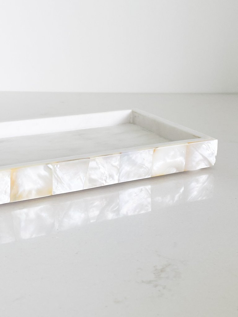 White Marble Tray With Mother Of Pearl Inlay