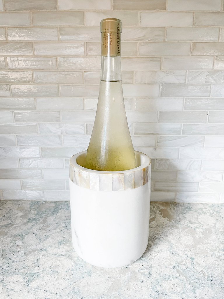 White Marble Utensil Holder With Mother Of Pearl Inlay