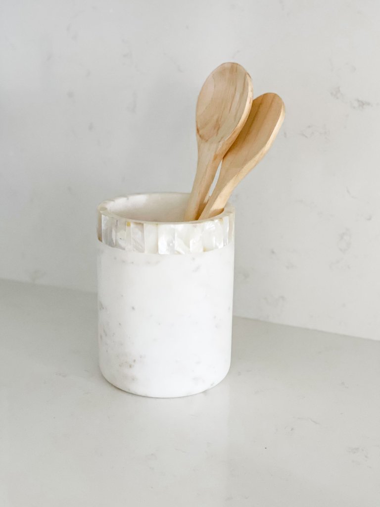 White Marble Utensil Holder With Mother Of Pearl Inlay