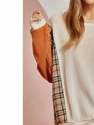 Blush Waffle Top With Plaid Panels On Side