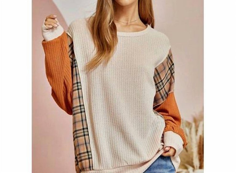 Blush Waffle Top With Plaid Panels On Side